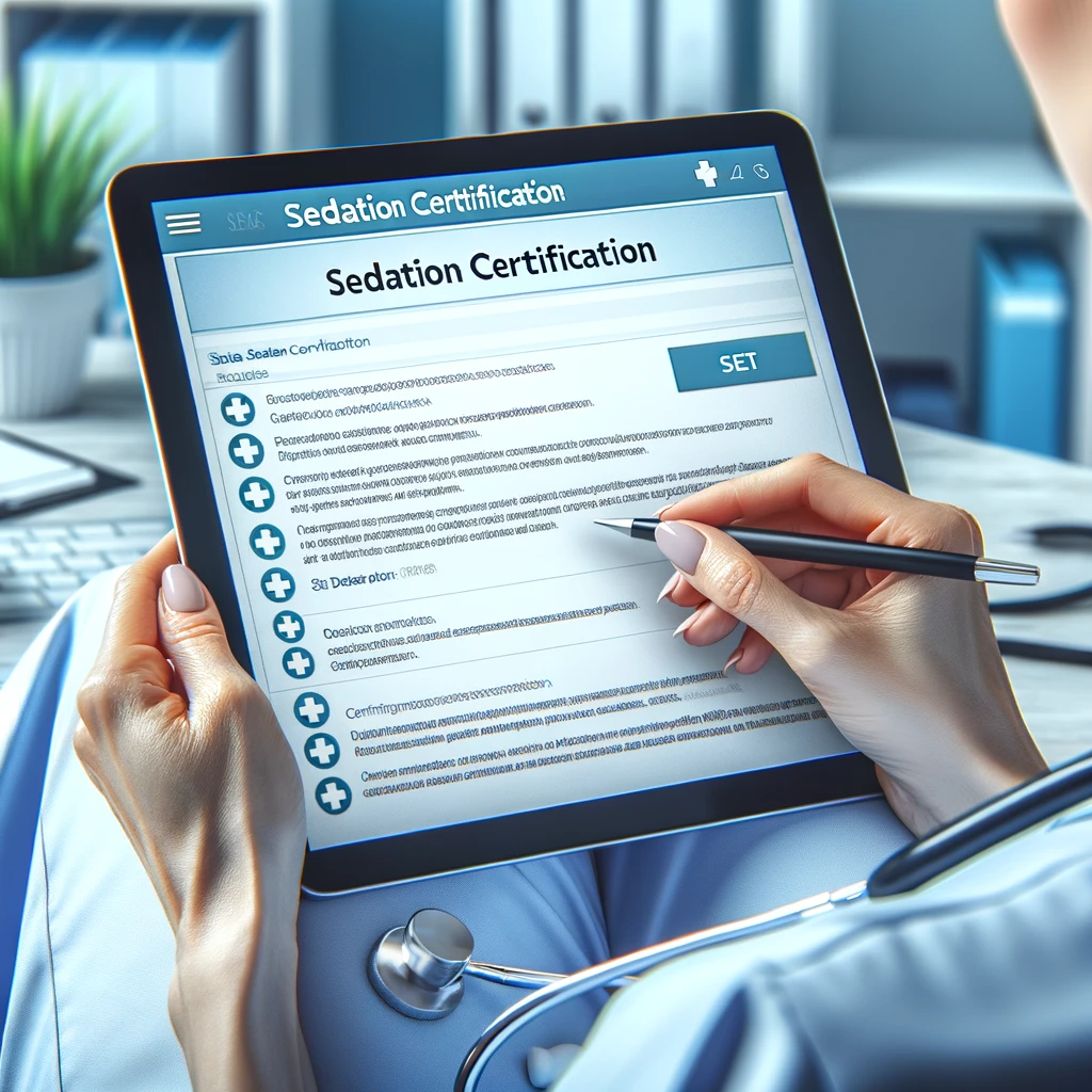 An image depicting a nurse or doctor reviewing state policies for sedation certification on a tablet or computer. The screen should display a list or