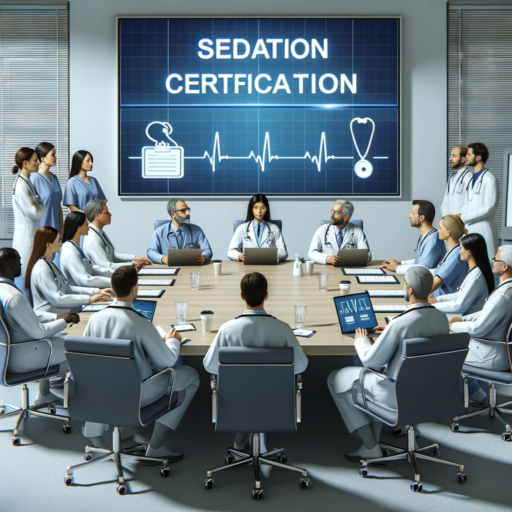 An image representing a medical facility's team learning sedation certification together. The image should show a diverse group of medical staff, incl